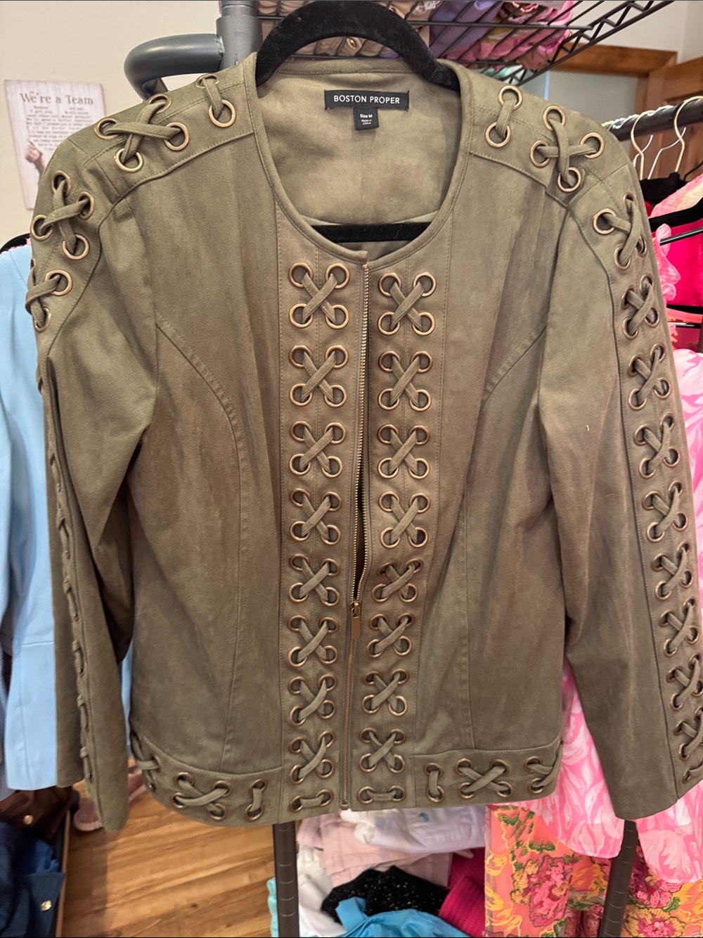 Boston Proper olive lace-up grommet suede-look jacket
